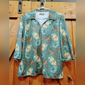 Haband Vintage Paisley Collared Shirt Large Green Brown